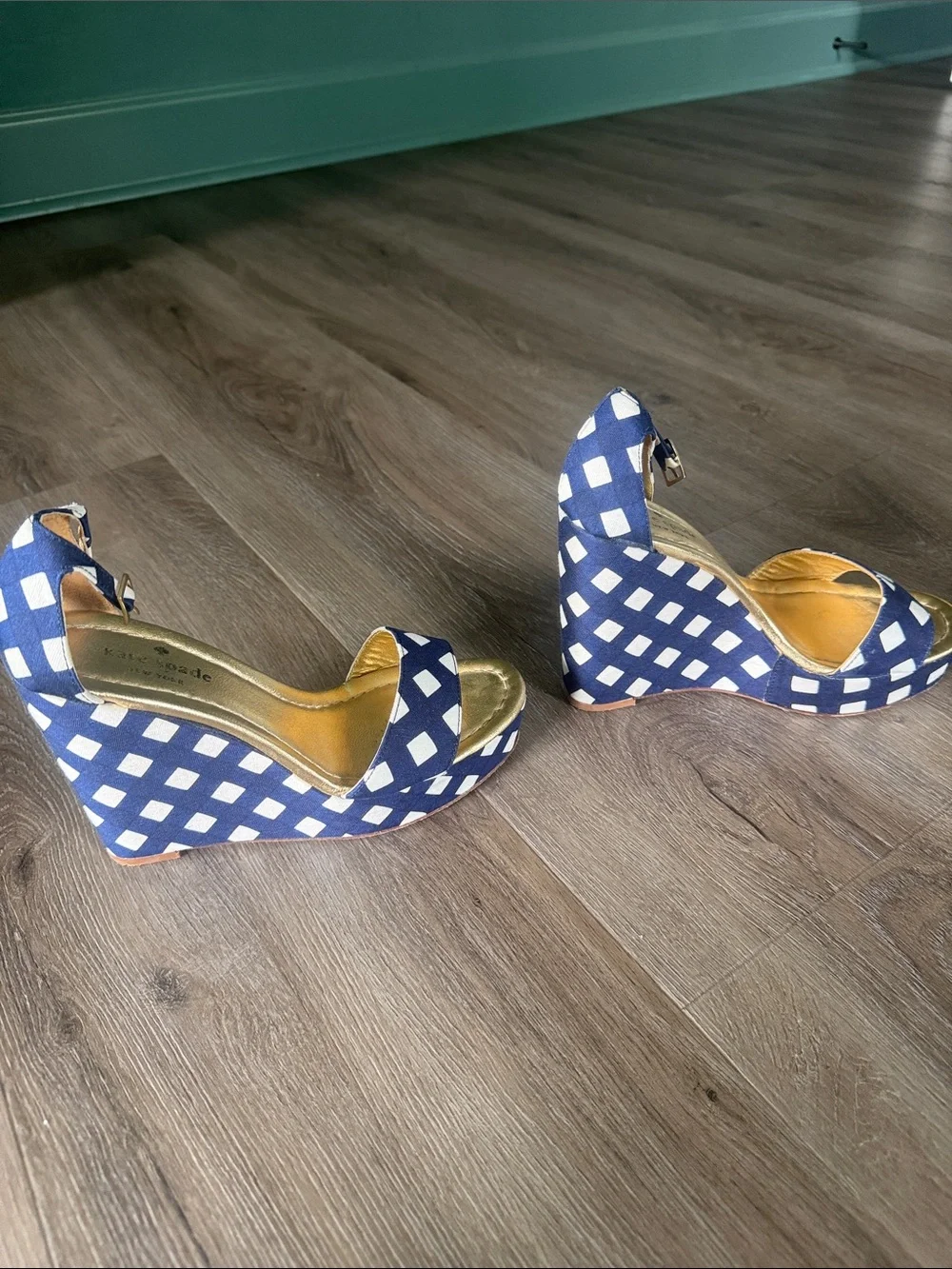 kate spade Navy and White Diamond-Print Wedge Sandals